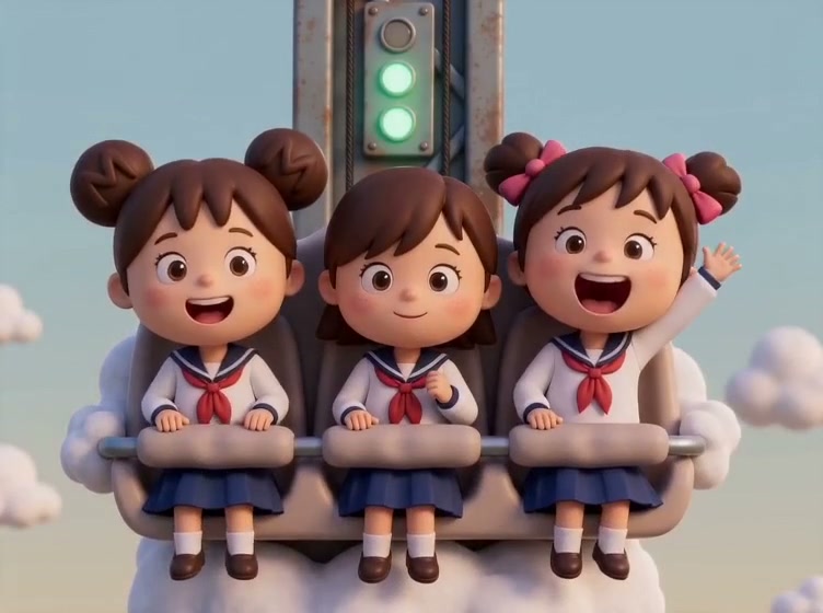 A child's drawing of three girls on a cloud-themed ride, animated by KidsAI in 3D style