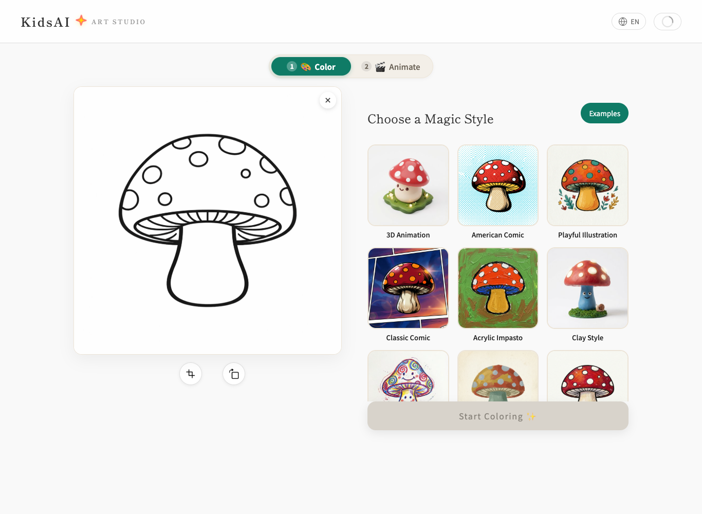 An uploaded mushroom drawing shown in preview next to a grid of art-style cards in KidsAI