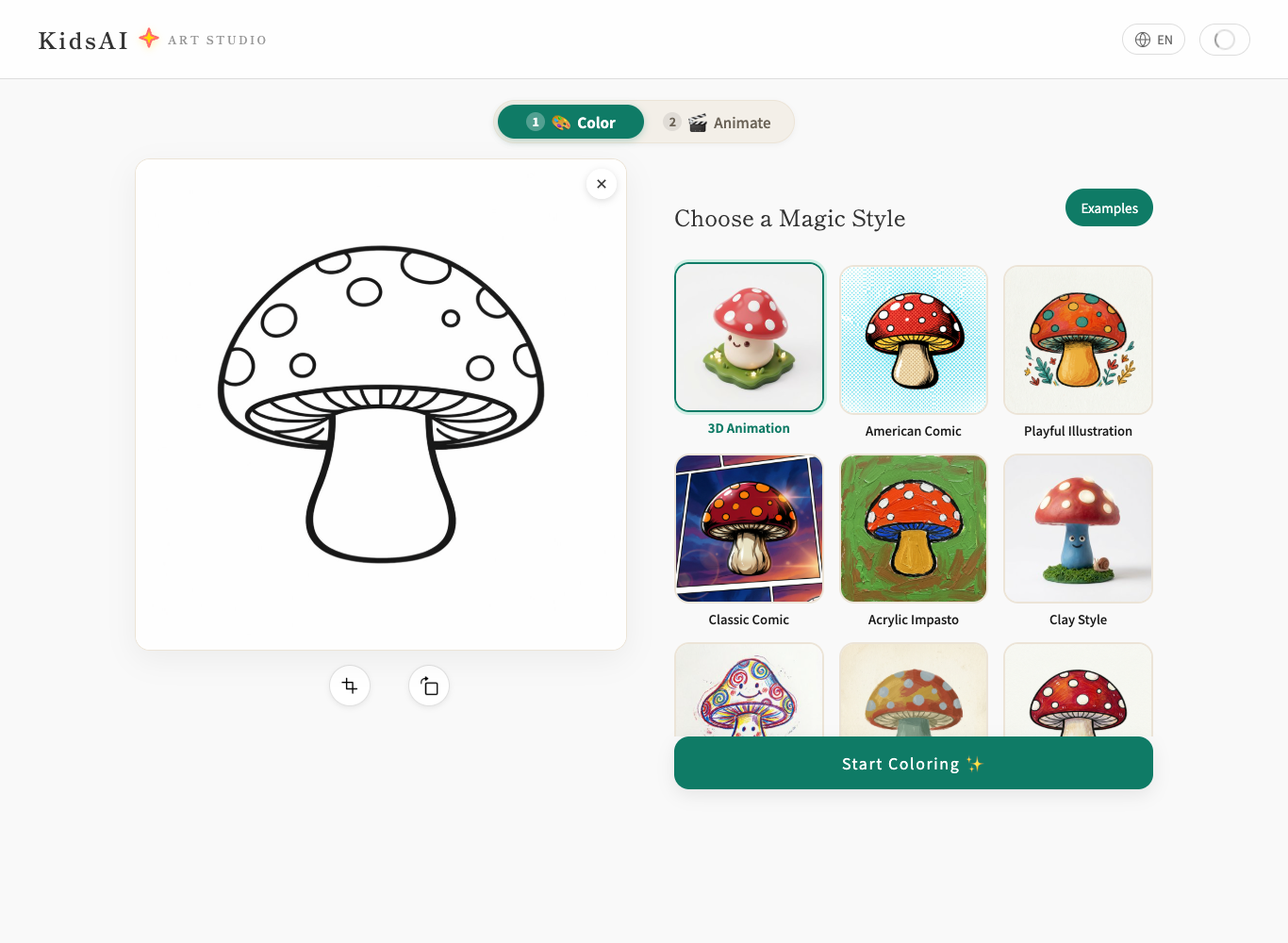 A style card highlighted as selected with the Start Coloring button active in KidsAI