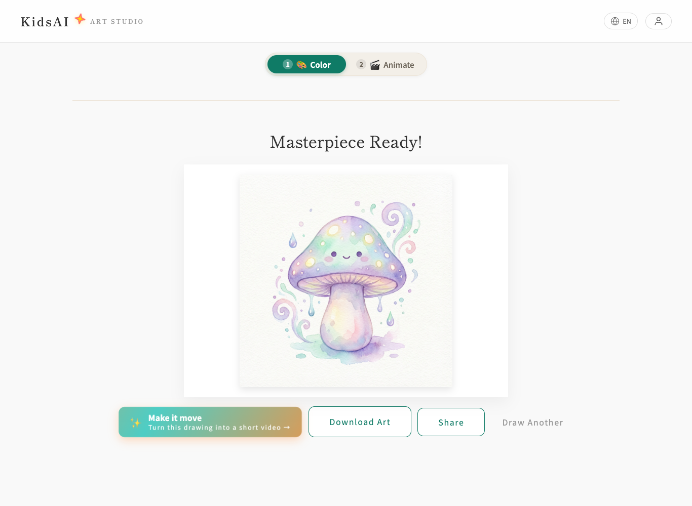The finished AI-colored artwork in KidsAI with download, share, and animate actions