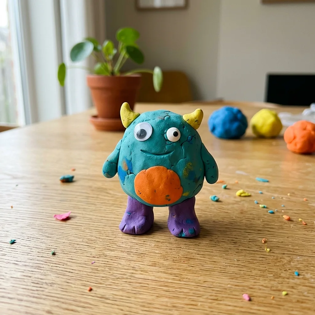 Das Originalfoto: ein Knetmonster mit Kulleraugen auf einem Küchentisch
