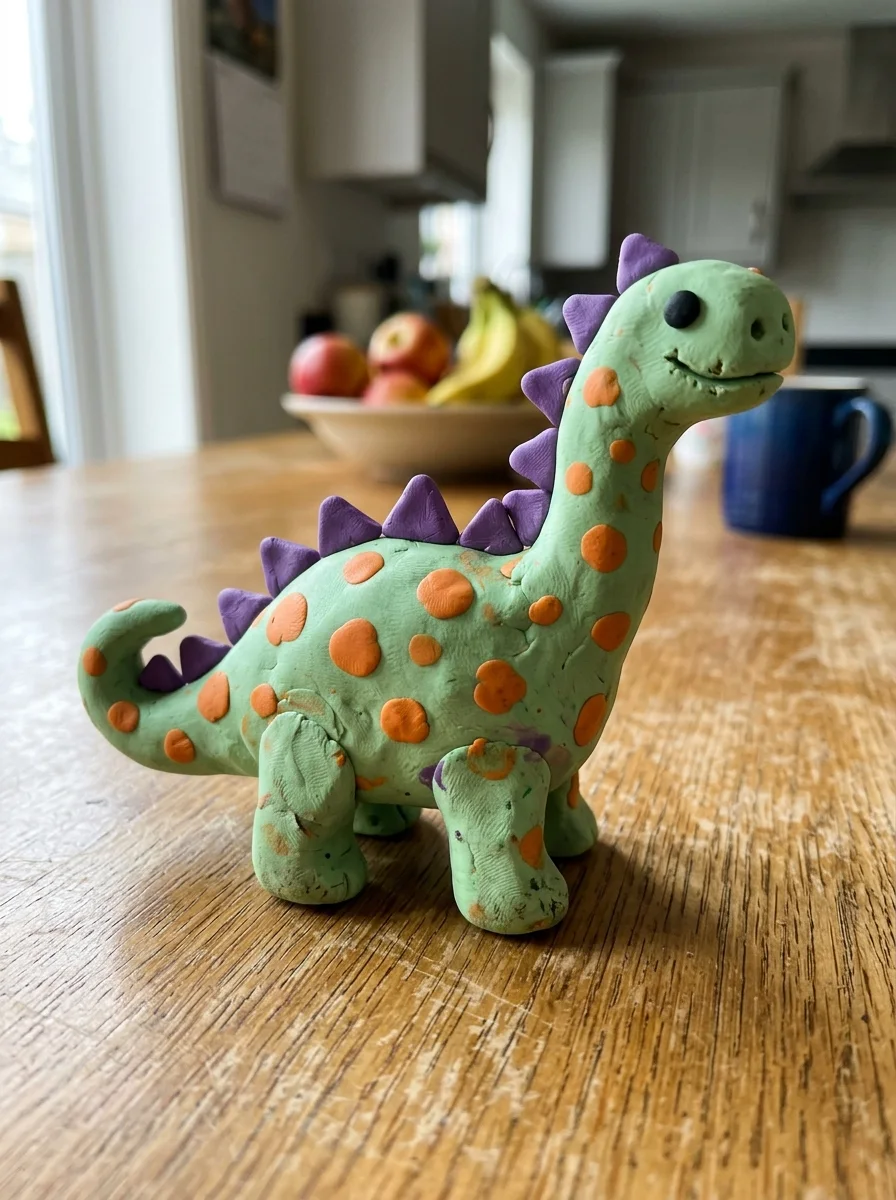 Schritt 1: ein Foto eines grünen Knet-Dinosauriers auf dem Küchentisch